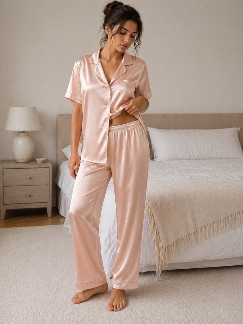 Satin Pajama Set Blush Pink Lounge Set Short Sleeve Top Pants L